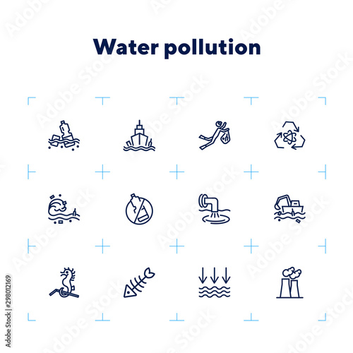 Water pollution icon set. Line icons collection on white background. Litter, sea, plastic. Environment concept. Can be used for topics like problem, danger, conservation