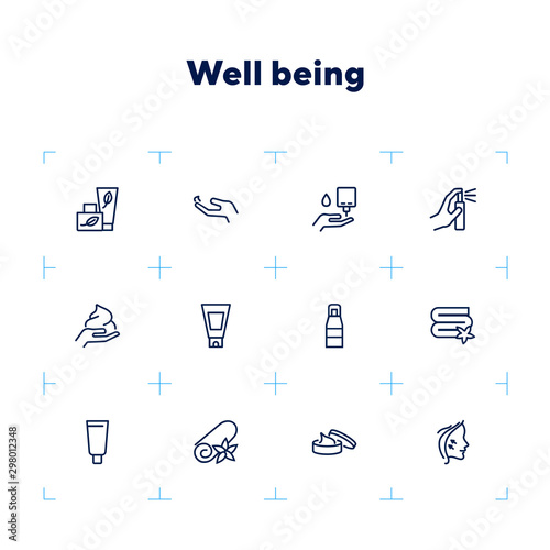 Well being line icon set. Face lifting, facial cream, folded towel. Beautician concept. Can be used for topics like beauty products, spa salon, body care