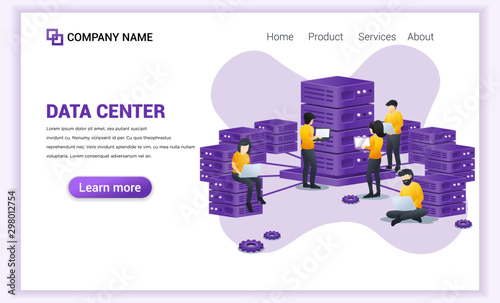 Data center concept with people working on laptop, managing and accessing control data on server . Can used for Web banner, landing page, web template. Modern flat vector illustration