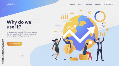 Workers counting incomes. Planet, money, diagrams. Business concept. Vector illustration for webpage, presentation, poster