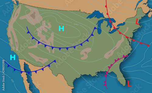 Weather map of the United States of America. Meteorological forecast. Editable vector illustration of a generic weather map showing isobars and weather fronts.
