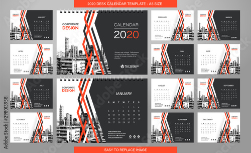 Desk Calendar 2020 template - 12 months included - A5 Size