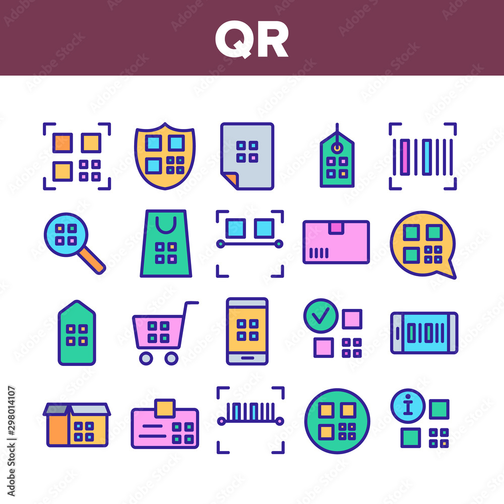 Qr Code Scan Collection Elements Icons Set Vector Thin Line. Qr Code On Smartphone Display And Tag Label, In Magnifier And On Shield Concept Linear Pictograms. Color Contour Illustrations Qr Code Scan Collection Elements Icons Set Vector Thin Line. Qr Code On Smartphone Display And Tag Label, In Magnifier And On Shield Concept Linear Pictograms. Color Contour Illustrations