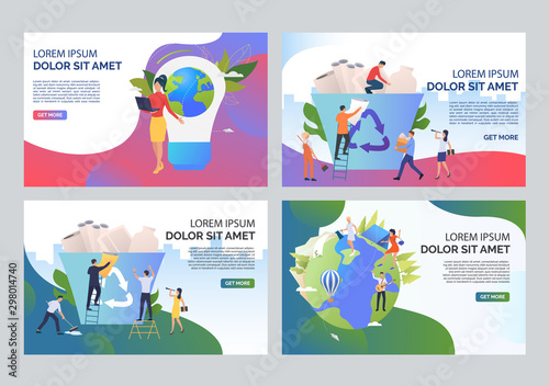 Eco volunteers set. People sorting garbage, working on ecology project, planting trees. Flat vector illustrations. Environment concept for banner, website design or landing web page