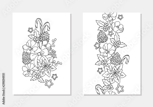 vector anemoneholly berry sweet cane cone berry in basket coloring book outline illustration seamless pattern christmas floral decoration