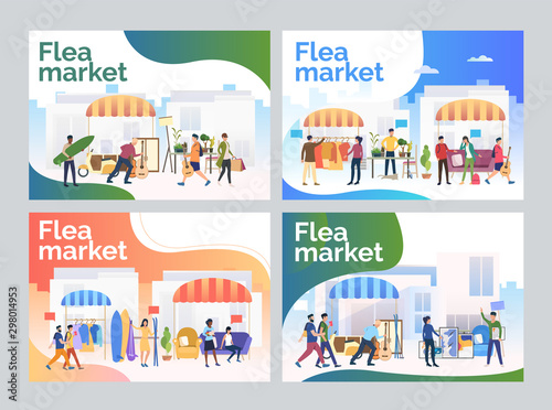 Flea market set. Shoppers buying goods at garage sale. Flat vector illustrations. Shopping concept for banner, website design or landing web page