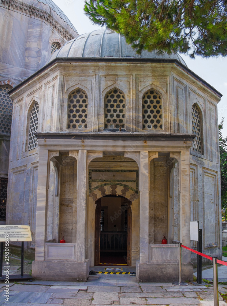 The exterior of the late 16th century Tomb of Princes in the Tomb of the Sultans courtyard at the side of Ayasofia, or Hagia Sofia, in Istanbul, Turkey. It contains the tombs of 4 sons and a daughter 
