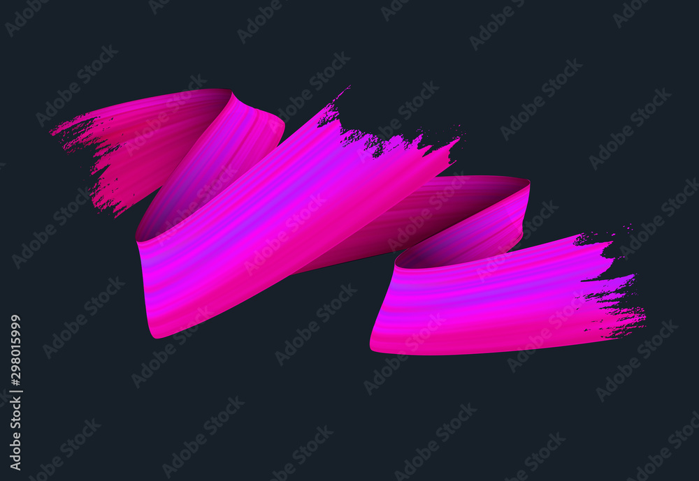 Freehand paint brush stroke realistic illustration. Flamboyant acrylic paint zig zag smears isolated on black background. Grunge style texture with metallic glow and pink color gradient effect