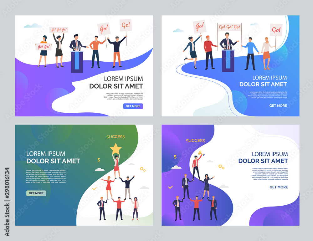 Successful political team set. Politician speaking at podium, team holding support placards, forming pyramid. Flat vector illustrations. Teamwork concept for banner, website design or landing web page - obrazy, fototapety, plakaty 