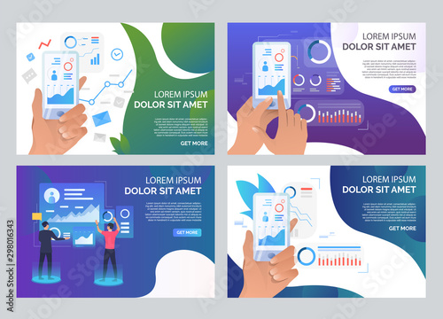 Users analyzing charts on smartphones set. People wearing VR headset, watching presentation. Flat vector illustrations. Virtual reality concept for banner, website design or landing web page