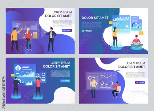 Users in VR headsets set. People watching virtual presentation, touching interactive board. Flat vector illustrations. Virtual reality concept for banner, website design or landing web page