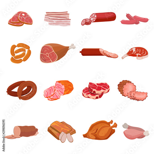 Set of meat products. Roast chicken and prime rib, sausage, salami and ham, sirlon, bacon, sucuk and smoked meat, turkey and t-bone steak