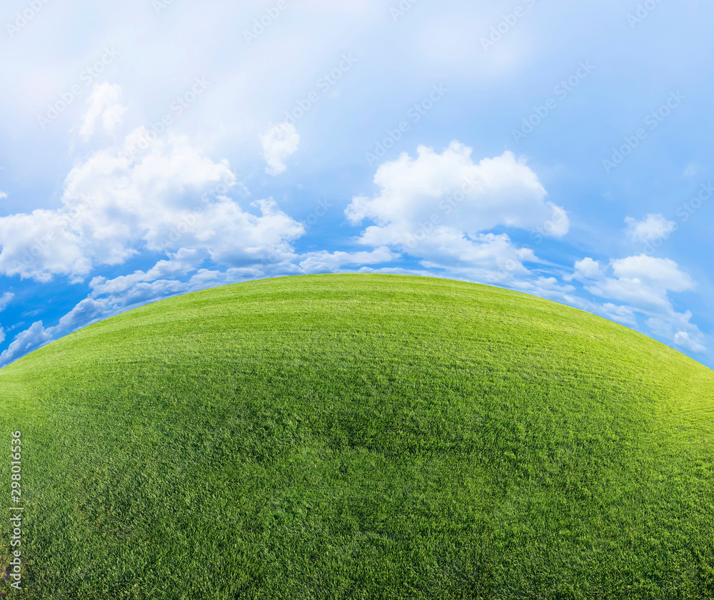 Obraz premium Panoramic view of a fresh green mowed lawn against a cloudy sky - concept image