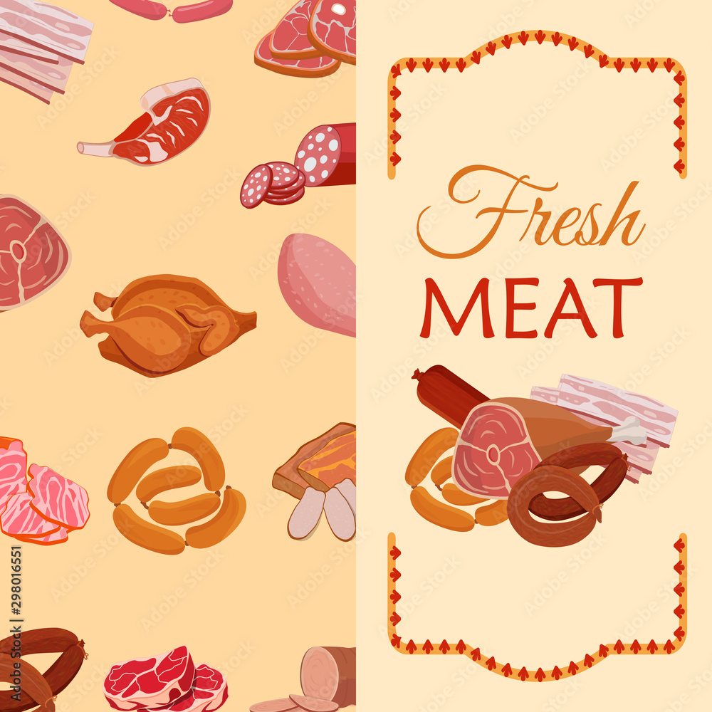 Banner with meat products. Roast chicken and prime rib, sausage, salami and ham, sirlon, bacon, sucuk and smoked meat, turkey and t-bone steak Banner with meat products. Roast chicken and prime rib, sausage, salami and ham, sirlon, bacon, sucuk and smoked meat, turkey and t-bone steak