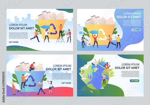Volunteers sorting garbage set. People carrying waste to recycling bin, planting trees. Flat vector illustrations. Ecology concept for banner, website design or landing web page