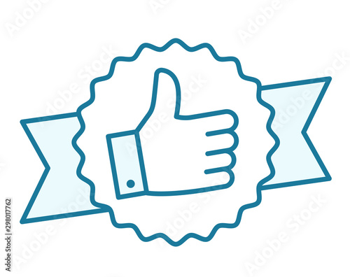 Like icon on ribbon. Thumbs up. Best buy. The best choice. Winner tape award. Vector blue color Illustration.