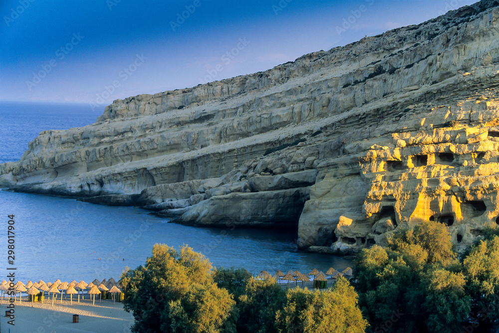 Matala beach and rock caves, South, crete, Crete, Greece, Europe