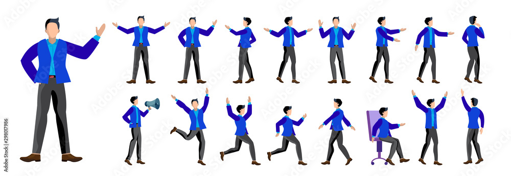 Set of young male businessman character in different poses. Flat illustration Set of young male businessman character in different poses. Flat illustration
