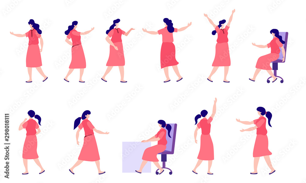 Set of young female character in different poses. Flat illustration Set of young female character in different poses. Flat illustration