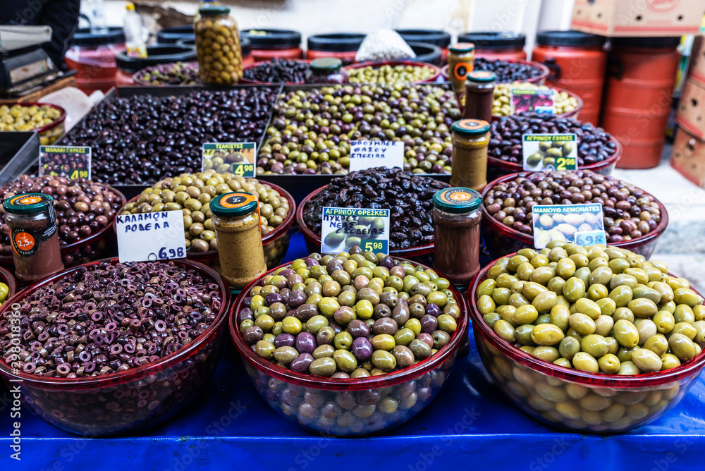 Olive stand in a farmer market in Athens, Greece
