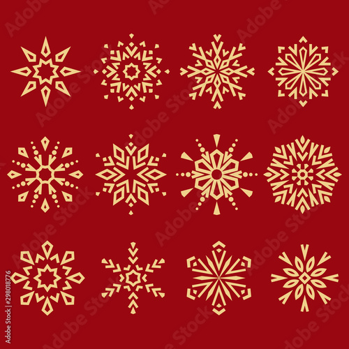 Snowflakes icon collection. Graphic modern gold and red ornament © ELENA