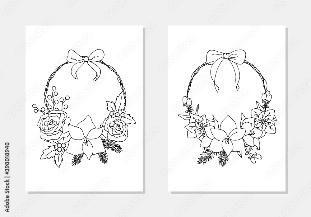 Vetor do Stock: vector wreath christmas spruce amarilis rose poinsettia  berry holly bow coloring book outline card illustration | Adobe Stock