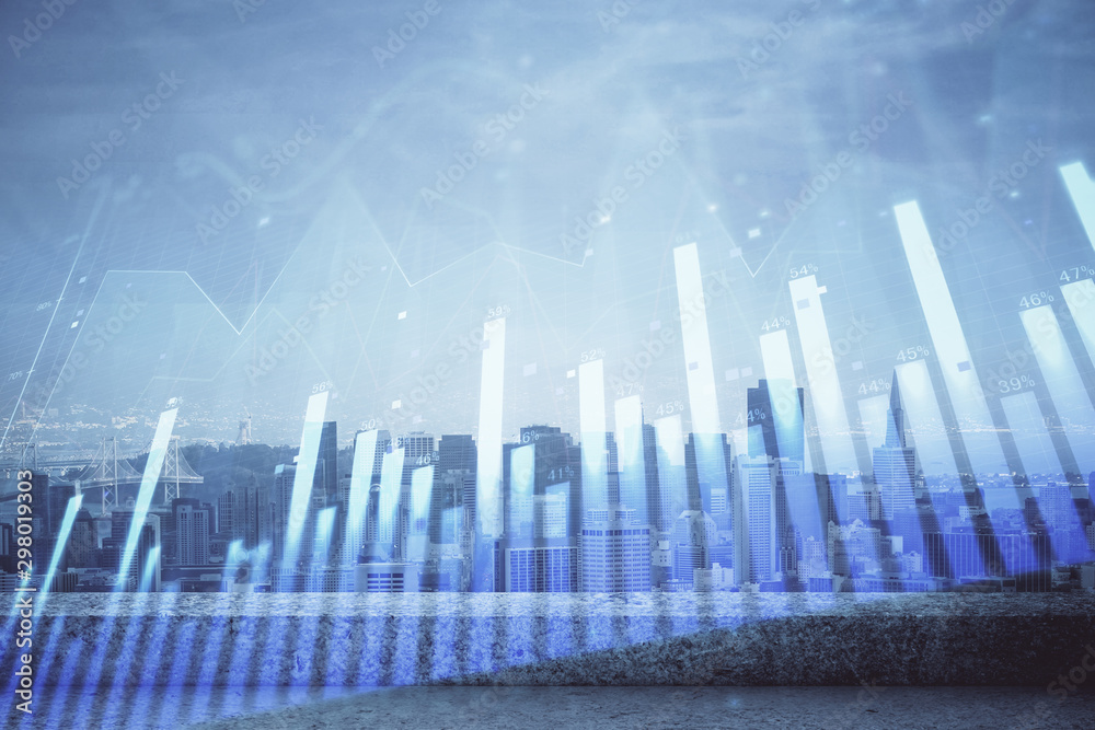 Forex graph on city view with skyscrapers background multi exposure. Financial analysis concept. Forex graph on city view with skyscrapers background multi exposure. Financial analysis concept.