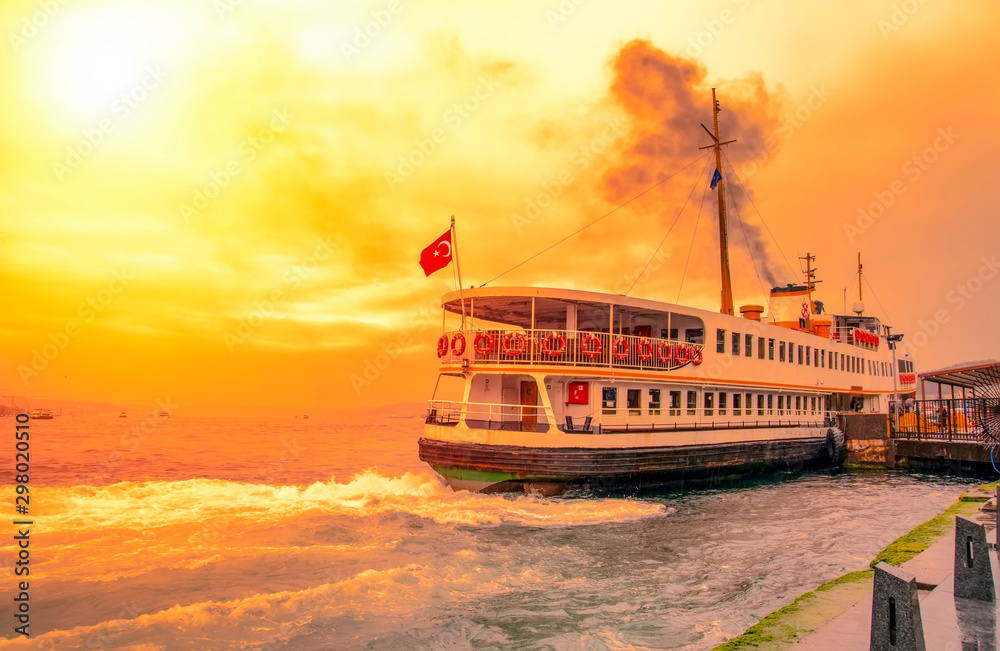 Εκτύπωση καμβά Muslim architecture and water transport in Turkey - Beautiful View touristic landmarks from sea voyage on Bosphorus
