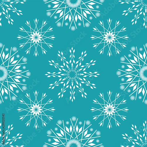 Elegant white snow crystals in timeless winter design. Seamless vector pattern on ice blue background. Great for winter themed and Christmas products, stationery, packaging, texture, concept
