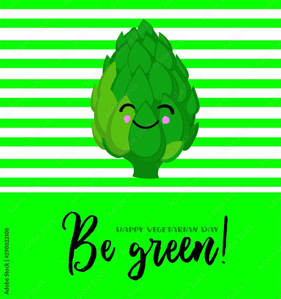 Naklejka premium Artichoke. Cute characters with hands and faces on a green background. Greeting card for vegan day and vegetarian day..