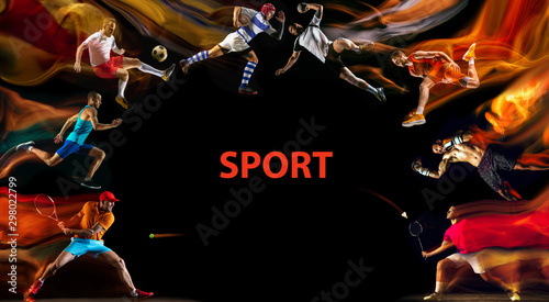 Fototapeta Naklejka Na Ścianę i Meble -  Creative collage of unrecognizable models running and jumping. Advertising, sport, healthy lifestyle, motion, activity, movement concept. American football, soccer, tennis volleyball box badminton