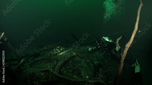 Diver over muddy water halocline near tree roots and sudden change of water salinity in cenotes of underwater cave in Mexico. Divers during cave diving. Phenomenon of wildlife in underwater world. photo