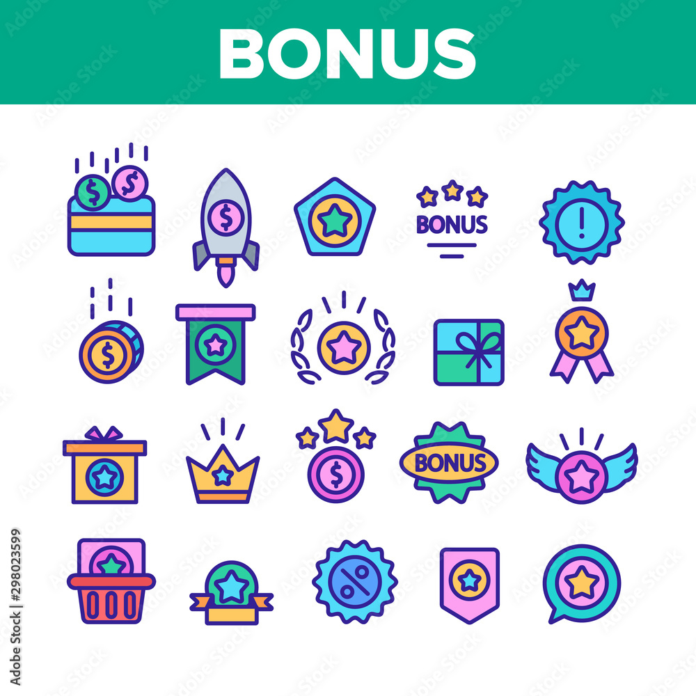 Bonus Loyalty Collection Elements Icons Set Vector Thin Line. Dollar Mark On Rocket, Coins And Credit Card, Present Box And Crown Bonus Concept Linear Pictograms. Color Contour Illustrations