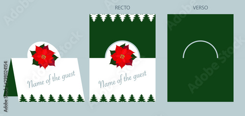 Gabarit - Carton de table vert afin de placer vos invités - décoré de sapin et d’une fleur de Noël  rouge : le Poinsettia.