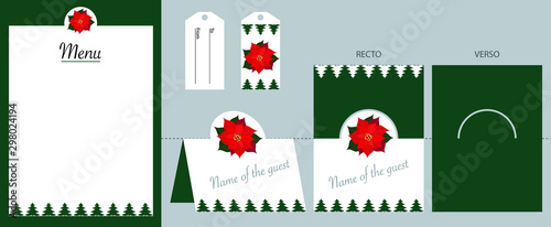 Collection de gabarits fond vert, pour décorer votre table de Noël - illustrés de sapin et d’une fleur de Noël  rouge : le Poinsettia.