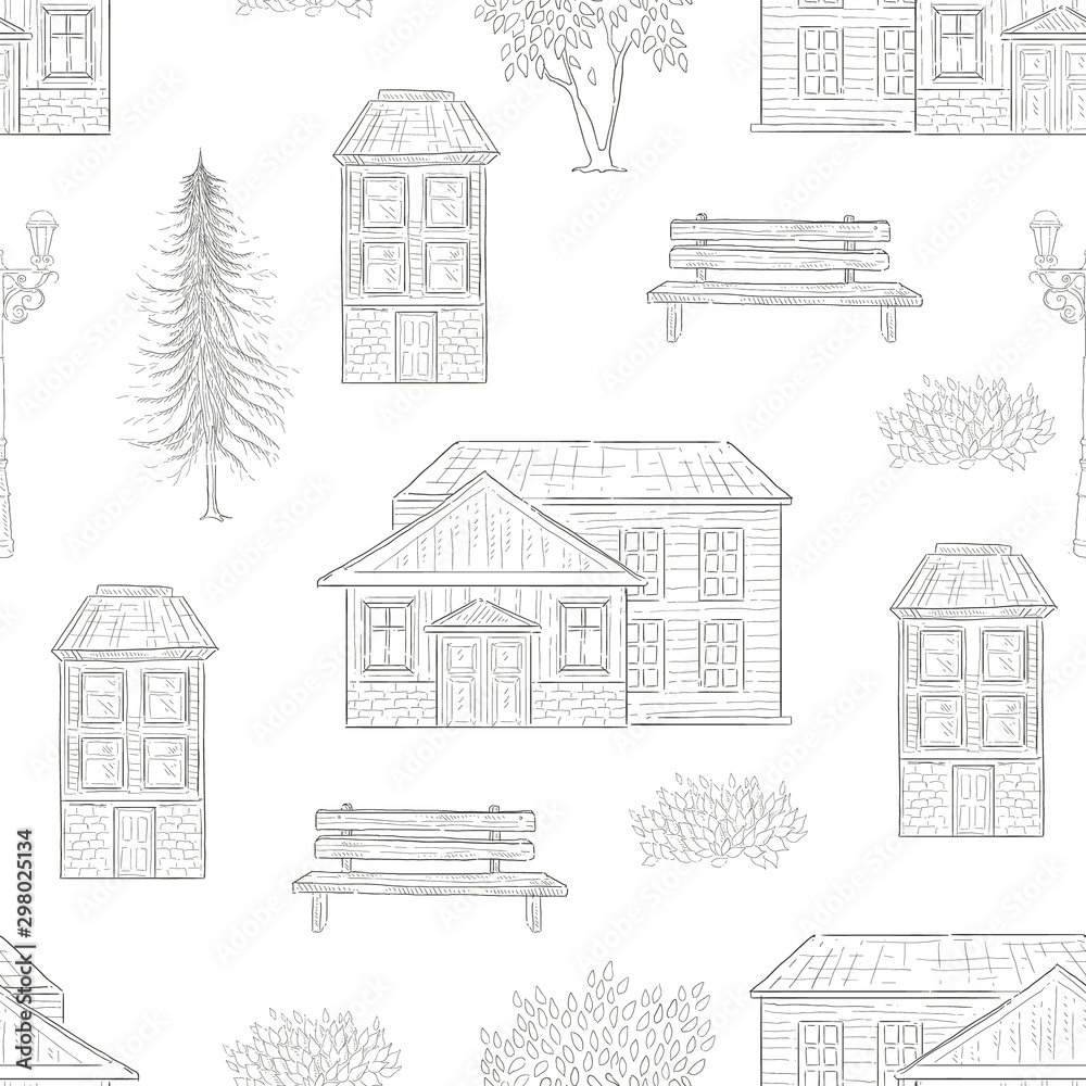 Retro Houses, Fir Tree, Bench Seamless Pattern Hand Drawn Vector Illustration