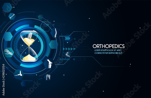 Medical infographic orthopedic anatomy. Abstract background with spine, pelvis, knee, foot, shoulder, elbow, hand, humerus bones and joints. Orthopedics medical.Blue and white. Vector illustration