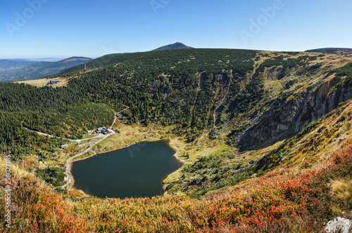 Obraz na płótnie autumn, background, beautiful, black, calm, czech, europe, fresh, grass, green, hiking, karkonosze, karpacz, lake, landscape, lower, mountain, mountains, national, natural, nature, outdoor, outdoors, w salonie