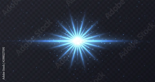 Shining flare with stars and sparkles isolated on dark transparent background. Blue lens flare, stardust, shining star with rays concept. Glowing vector light effect.