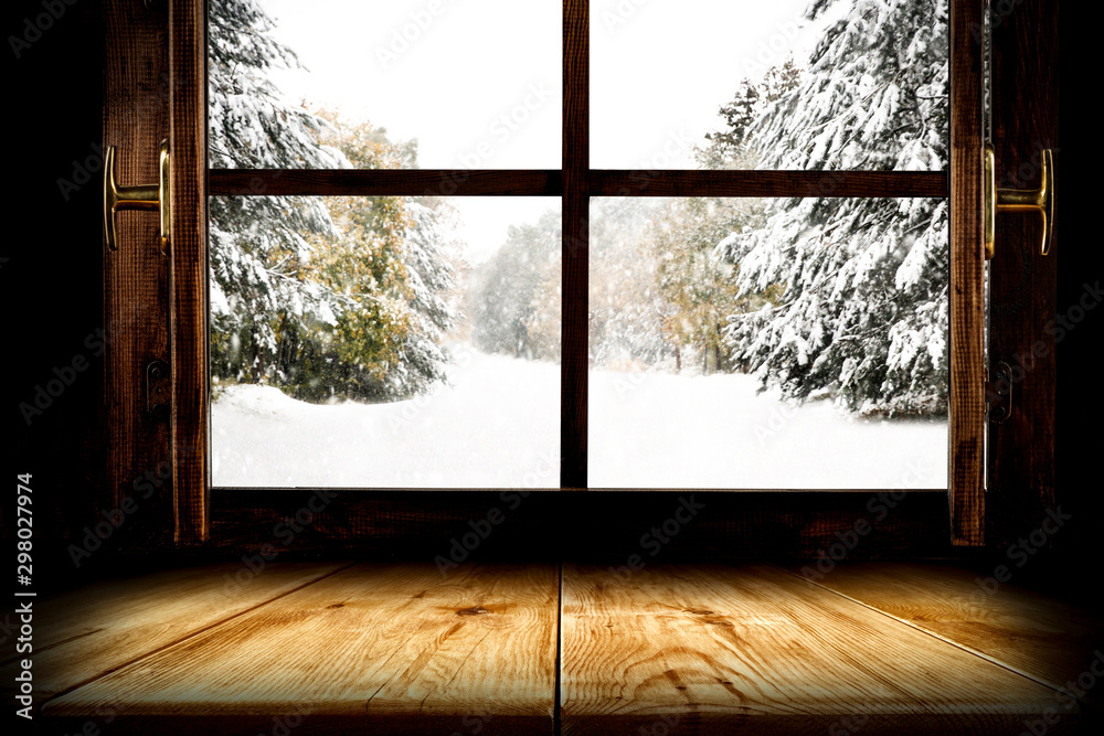 Window wooden sill of free space for your decoration and winter landscape. Window wooden sill of free space for your decoration and winter landscape.