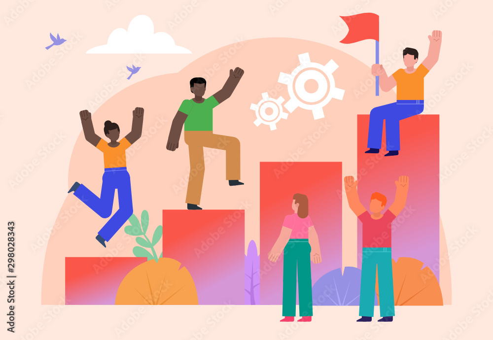Group of people stand on growth ladder, steps. Career, business growth concept. Poster for social media, web page, banner, presentation. Flat design vector illustration