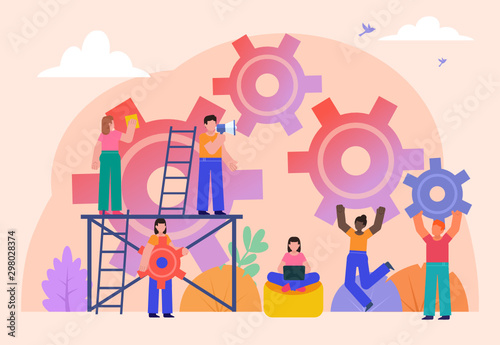 Group of people stand near big gears. Office work management, startup creation process. Poster for social media, web page, banner, presentation. Flat design vector illustration