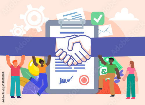 Group of people stand near big document. Handshake, business deal, successful agreement concept. Poster for social media, web page, banner, presentation. Flat design vector illustration