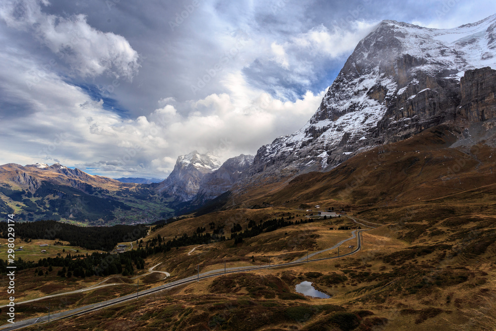 Famous Eiger Nordwand with tracks as seen from Kleine Scheidegg