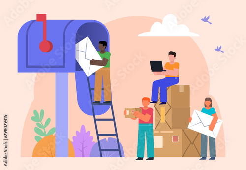 Group of people stand near big mailbox. Send or check mail, email app concept. Poster for social media, web page, banner, presentation. Flat design vector illustration