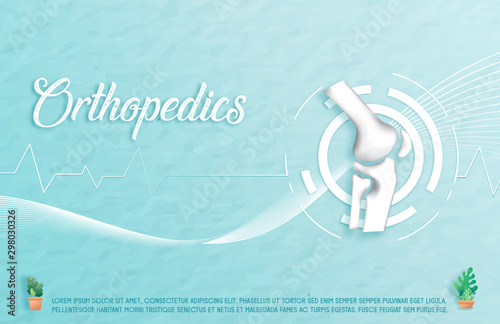 Medical orthopedic knee paper texture in the green-blue background. Treatment for orthopedic traumatology. Medical health care presentation, hospital. Vector illustration