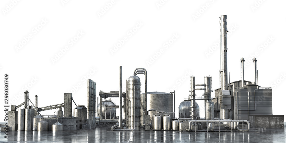 Industrial concept. Big factory isolated on a white background. 3d illustration - obrazy, fototapety, plakaty 