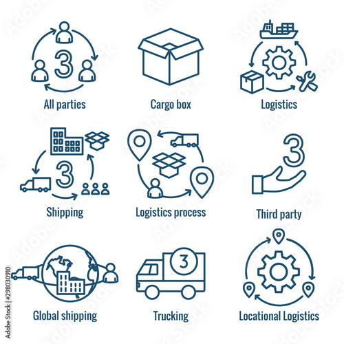 Logistics icon set with buildings, trucking, people & shipping box