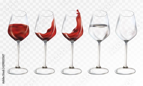 Collection wine glasses empty and water with glasses.Splashes red wine and water. 3D realistic transparent wine glasses. Vector illustration