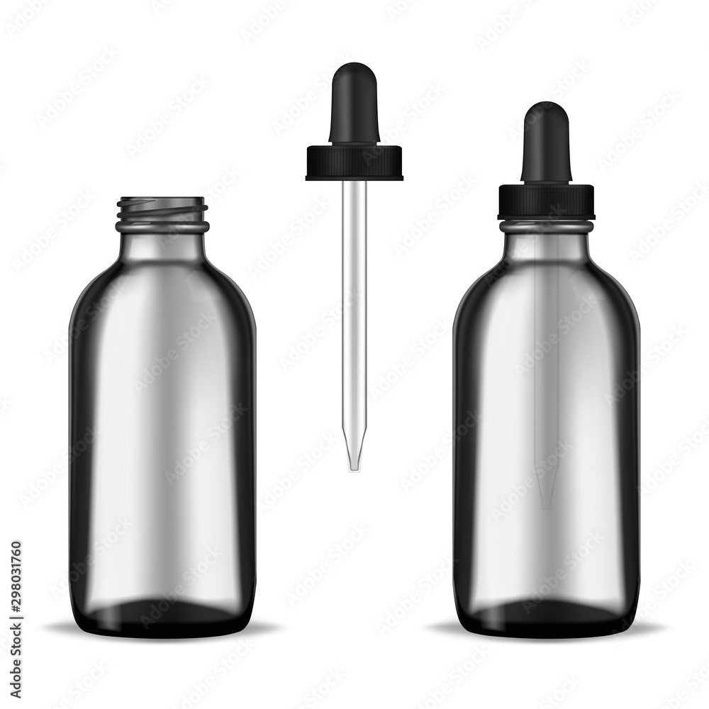 Open and closed dark clear thick glass bottle with screw dropper cap isolated on white background, realistic mockup illustration. Cosmetic or medical product container, vector mock-up Open and closed dark clear thick glass bottle with screw dropper cap isolated on white background, realistic mockup illustration. Cosmetic or medical product container, vector mock-up